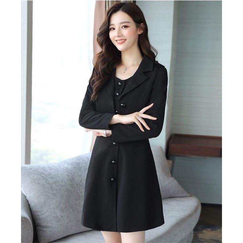 HOT Set áo vest đầm liền đính cúc tay phối ren DVNL21