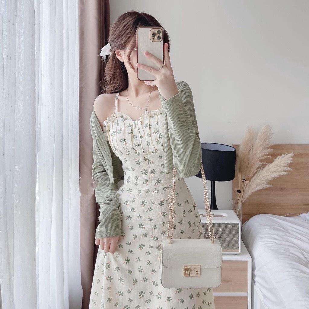 Sét Váy Hai Dây Hoa Nhí Kèm Áo Khoác Cardigan- Đầm maxi 2 dây dáng dài kèm áo coptop khoác ngoài phong cách hàn quốc