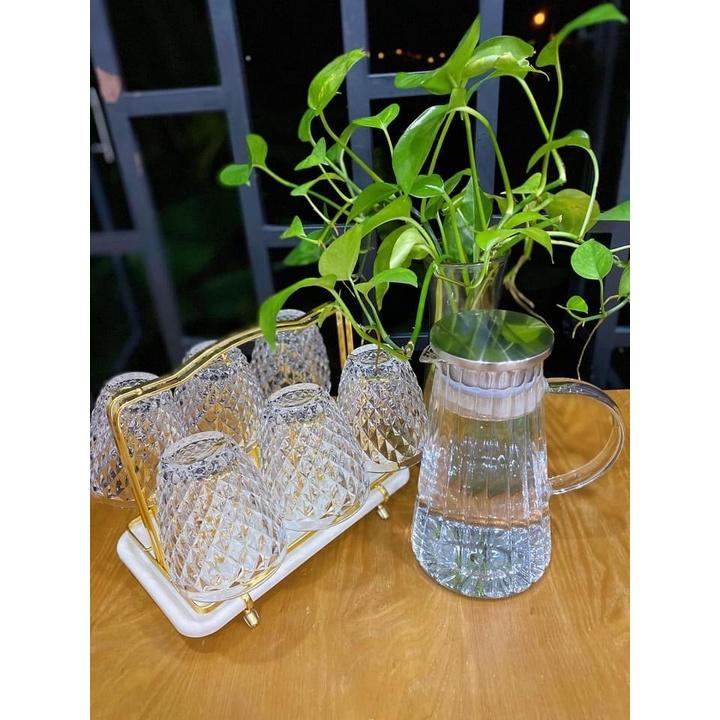 Bộ bình đựng nước uống thủy tinh chịu nhiệt cao cấp kèm giá úp có khay hứng nước