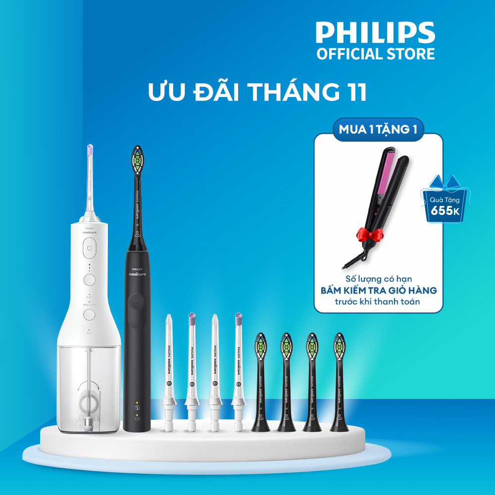 Bộ bàn chải điện Philips HX3671/54 + 4 đầu thay thế HX6064/96 + máy tăm nước HX3806 + 2 đầu thay thế HX3042 + 2 đầu thay thế HX3062