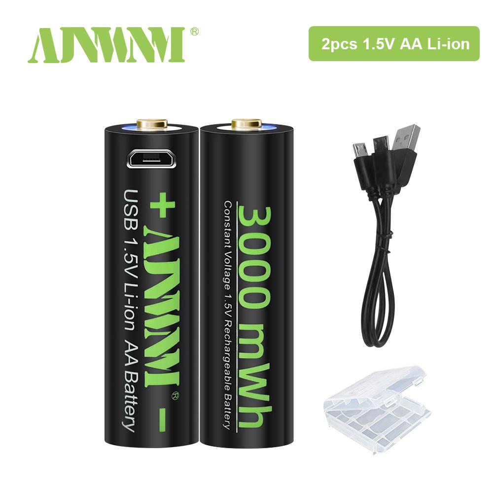 AJNWNM 1.5V USB AA Pin có thể sạc lại 3000mWH 1,5V Pin lithium AA cho máy ảnh đèn pin Đồ chơi điều khiển từ xa với USB C