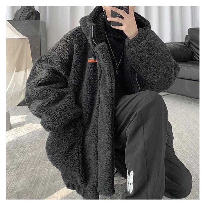 Áo Khoác Lông Unisex Logo Ngực Khóa Kéo Có Mũ
