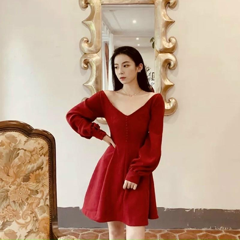 Đầm cổ V tay dài nút bọc ĐẦMCÔNG SỞ