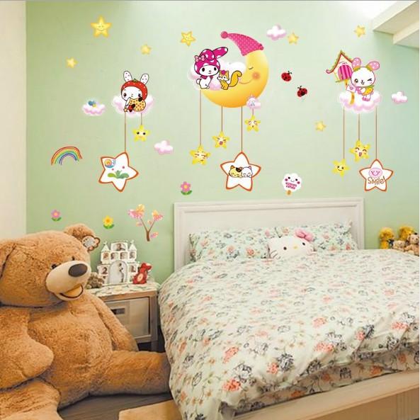 Decal trang trí tường - Thỏ Trắng đáng yêu vui chơi cùng Trăng Sao