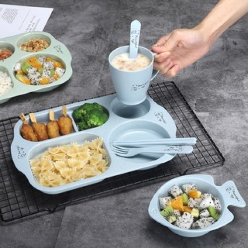 Bộ Khay chia đồ ăn chất liệu lúa mạch 6 món gồm  khay, bát, thìa, dĩa, đũa , khay tạo hình TR1505