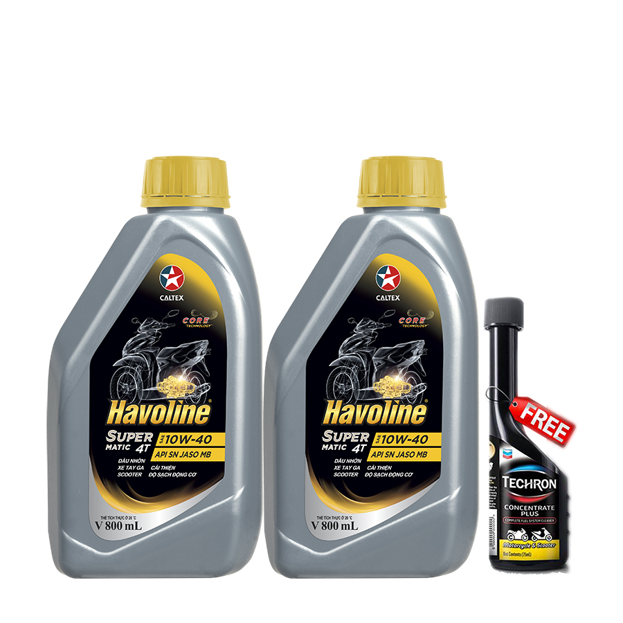 Combo 2 chai dầu nhớt xe tay ga Caltex Havoline SuperMatic 4T SAE 10W-40 800ml tặng kèm dung môi pha xăng