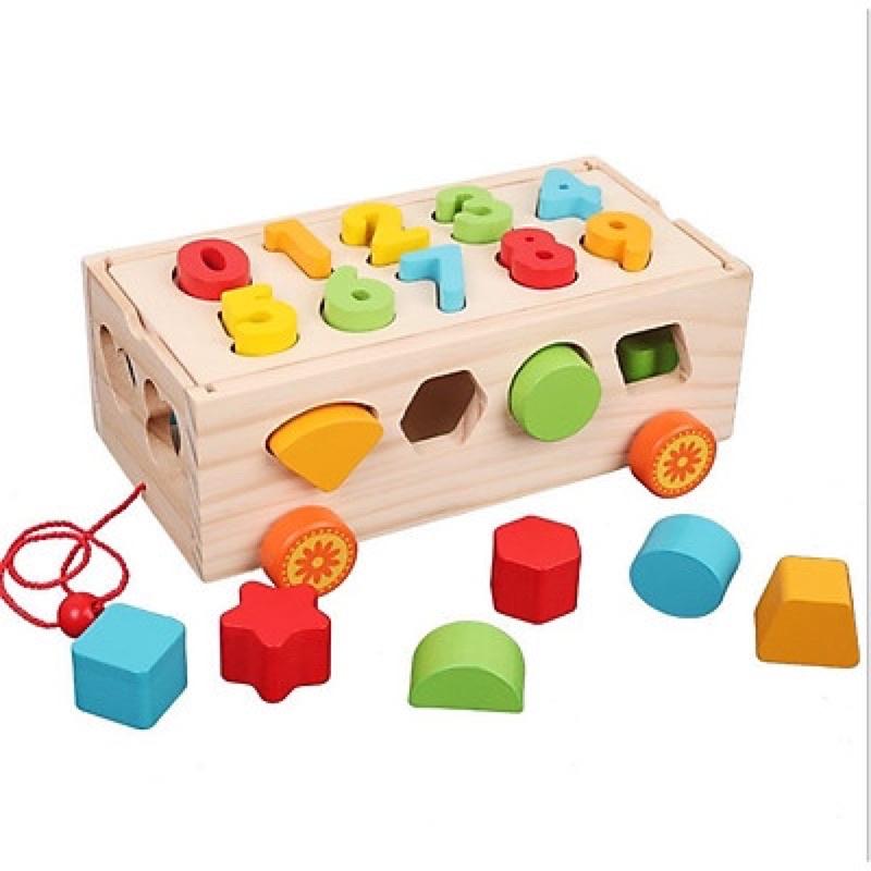 Đồ chơi xe kéo thả hình khối học số gỗ an toàn, đồ chơi xe thả số hình thông minh giáo dục cho bé