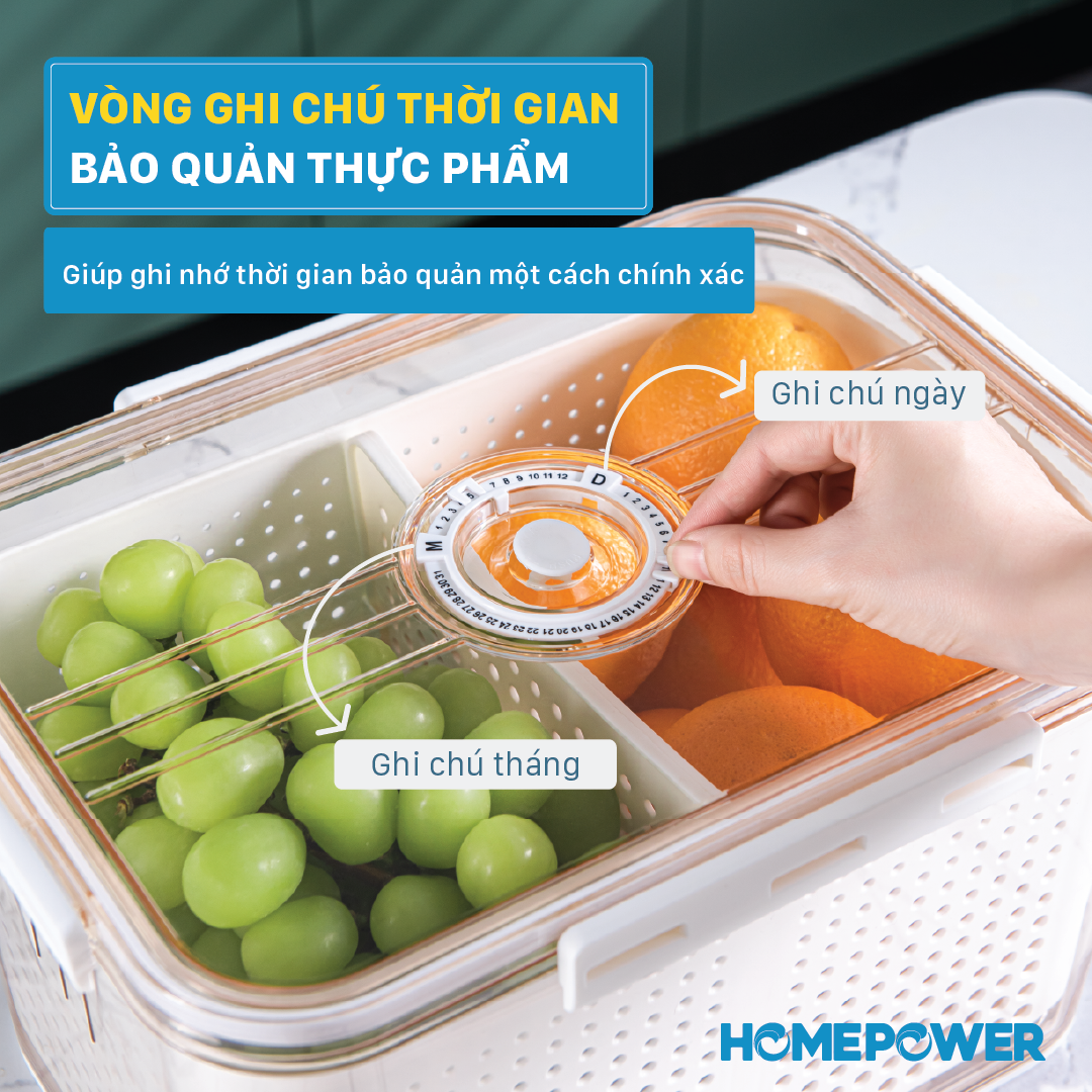 Hình ảnh Hộp nhựa đựng thực phẩm tủ lạnh 2 lớp Homepower ghi chú thời gian bảo quản thông minh kèm rổ thoát nước tiện lợi - Cao cấp