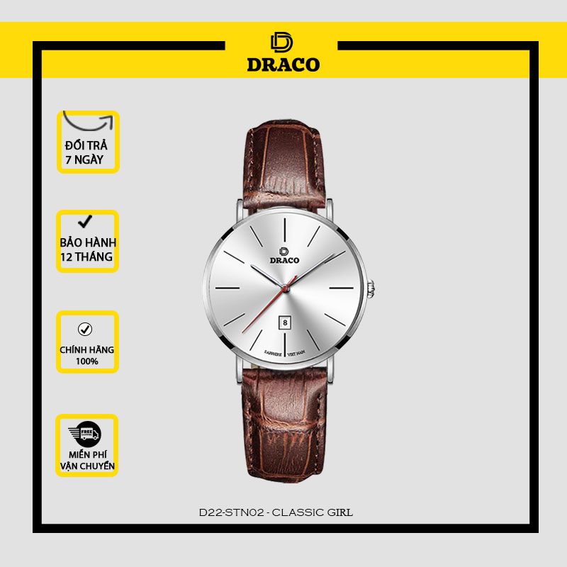 Đồng Hồ Nữ DRACO Sang Trọng D22-STN02 “Classic Girl” Bạc Da Nâu