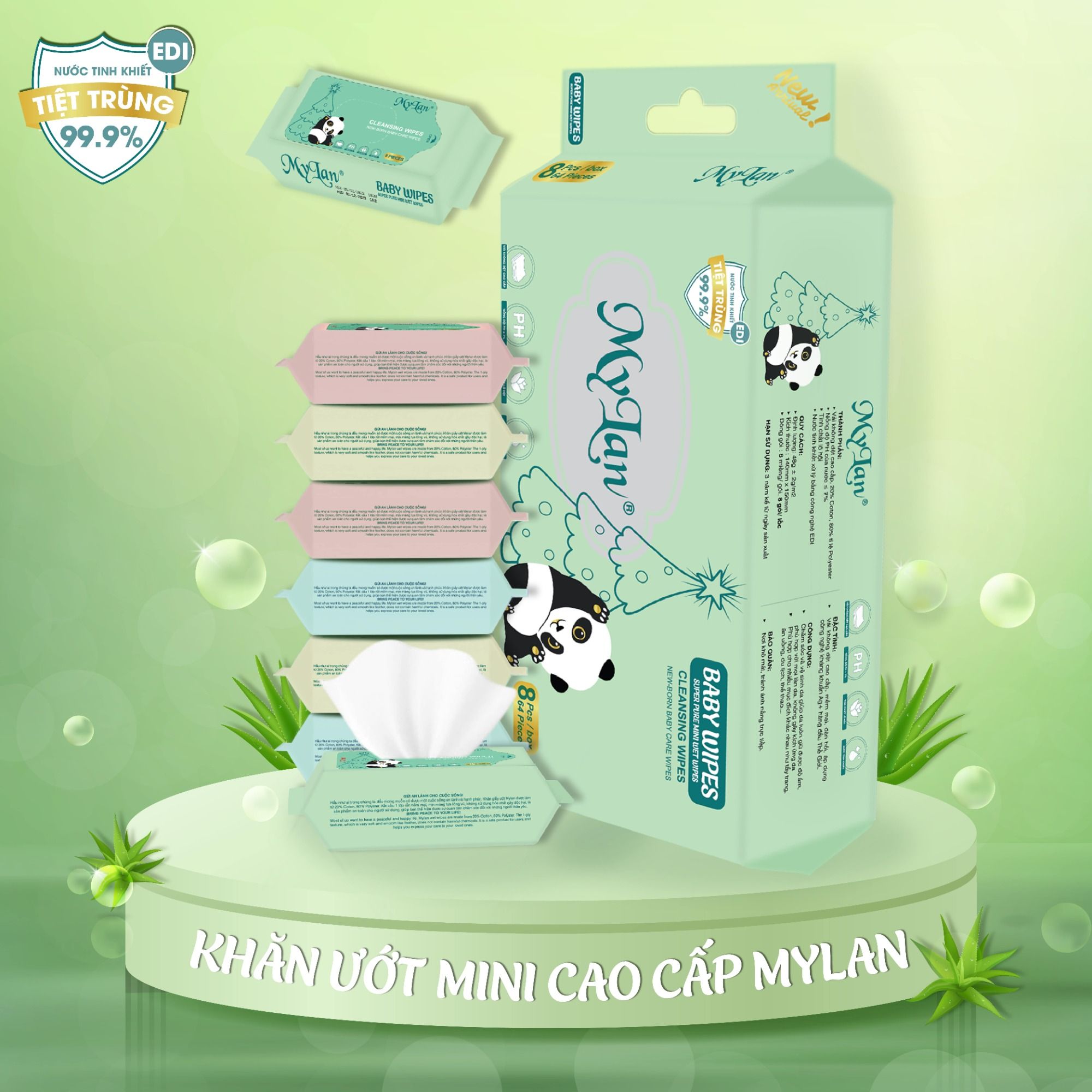 KHĂN ƯỚT MINI CAO CẤP MYLAN LỐC 8 GÓI - Quà Tặng 1 túi 8 cái