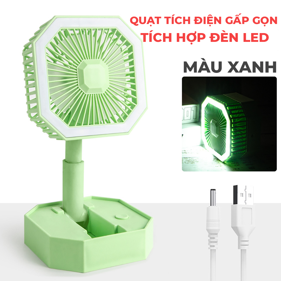 Quạt Mini Tích Điện Gấp Gọn Để Bàn Siêu Mát Tích Hợp Đèn Led Xoay 180 Độ, Sạc USB - Màu Xanh