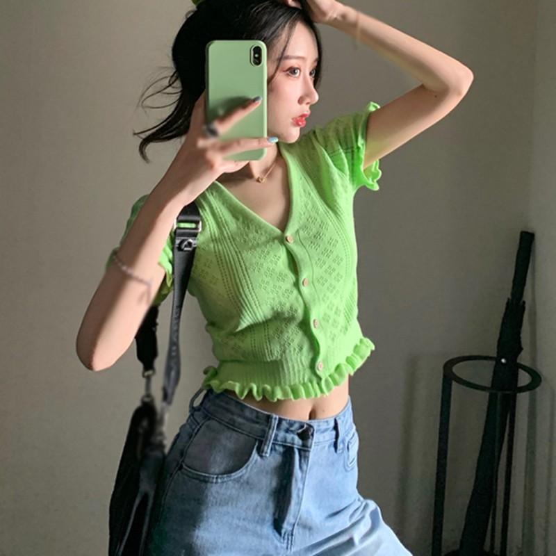 Áo Len Nữ Ngắn Tay Cổ Chữ V Thời Trang