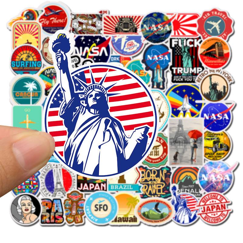 Bộ 50 Sticker dán Macbook, Vali, Mũ bảo hiểm, Điện thoại, Laptop chủ đề du lịch thế giới Travel Word - Hàng nhập khẩu