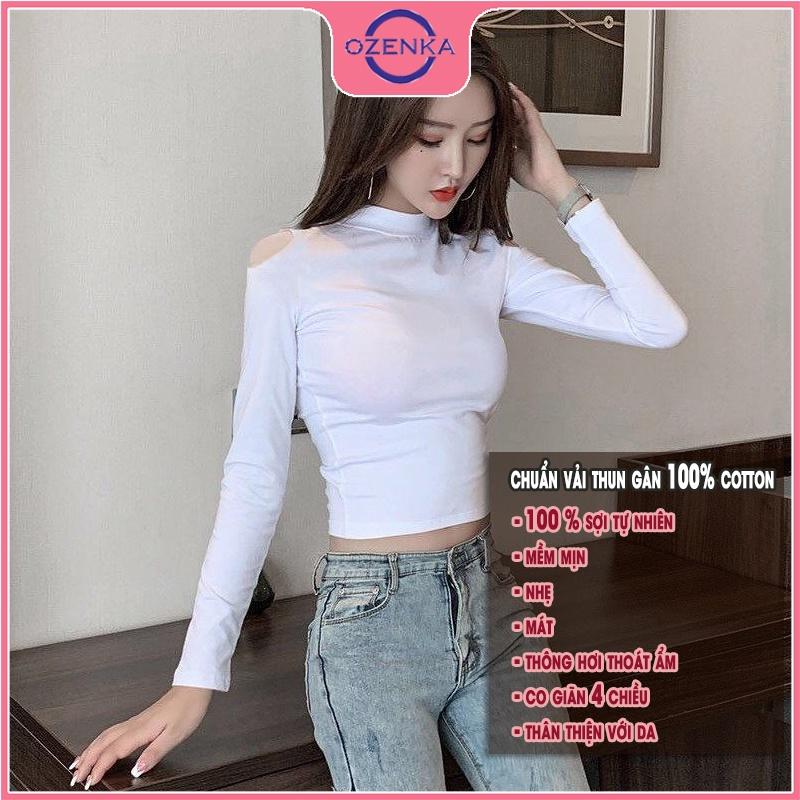 Áo croptop cổ lọ hở vai tay dài , crt ôm body thun gân 100% cotton đen trắng free size dưới 50kg mặc đi chơi