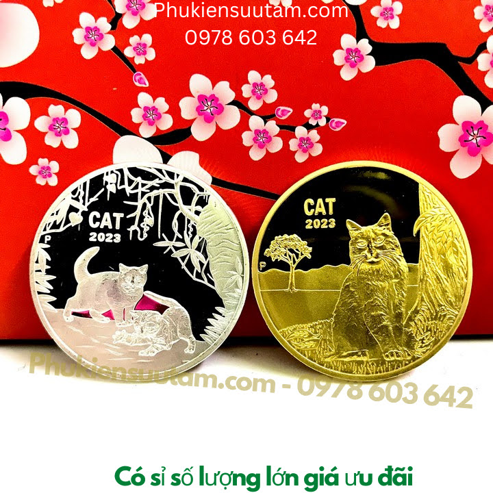 Cặp Xu Úc Hình Con Mèo Mạ Vàng Bạc Tặng Túi Gấm Lộc, đường kính: 4cm, màu vàng, bạc - SP005894