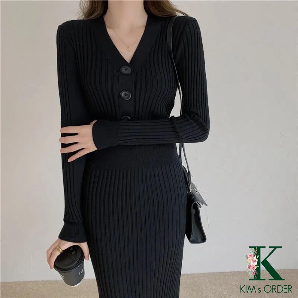 Đầm len nữ Body dáng dài cổ chữ V cài cúc màu đen màu be trắng váy len dự tiệc dài tay ôm sát sành điệu cá tính