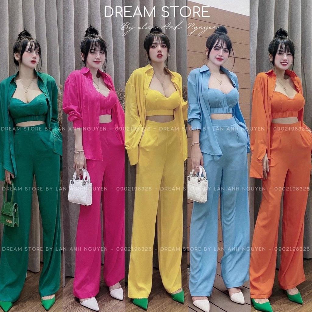 Sét bộ 3 món sơ mi dài phối coptop kèm quần dài suông đa dạng màu sắc dạo phố, đi biển