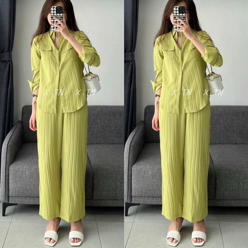 FREESHIP Sét bộ nữ sơ mi tay dài phối túi mix quần dài suông kiểu dáng sang trọng duyên dáng