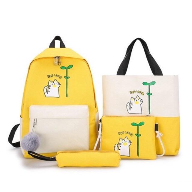 Balo nữ combo 4 món đi học thời trang sinh viên học sinh ba lô set cặp thời trang đựng laptop Balo Set 4 Món Chú Mèo Cây Mầm balo nữ vải