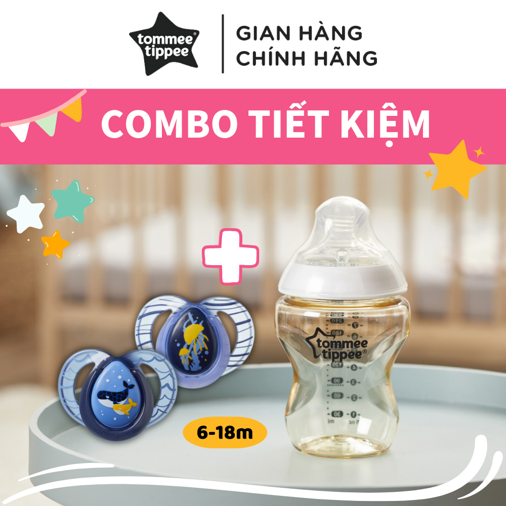 COMBO Ty ngậm vui nhộn Tommee Tippee FunFriends 6-18m &amp; Bình sữa PPSU ty siêu mềm Tommee Tippee Natural Start 260ml