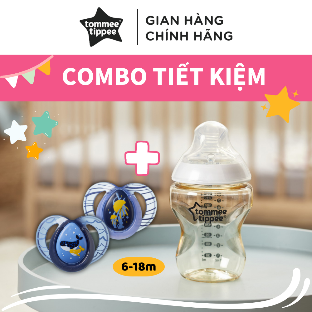 COMBO Bình sữa PPSU ty siêu mềm tự nhiên Tommee Tippee Closer to Nature 260ml &amp; Ty ngậm dạ quang cho bé Tommee Tippee Night Time 6-18 tháng (vỉ đôi) - Cá Voi