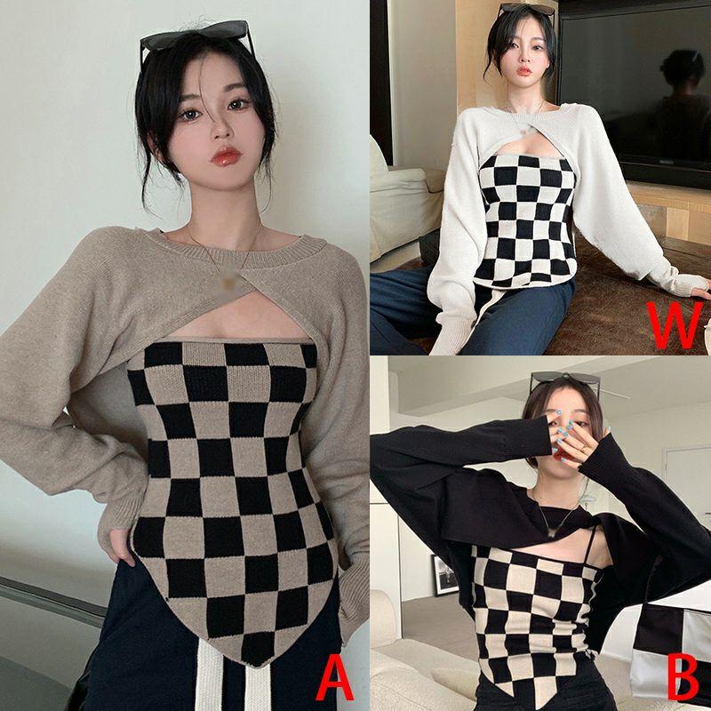 Set áo hai dây kẻ caro kèm áo choàng thiết kế hợp thời trang