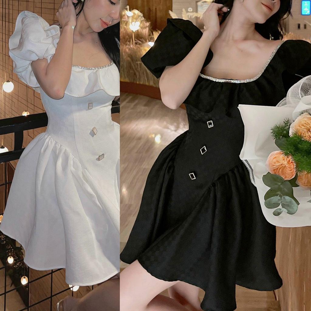 Đầm xoè trễ vai nhúng bèo tay phồng kết đá Nanami chất liệu bố karo form dáng tiểu thư xinh xắn điệu đà nổi bật- ATNU063
