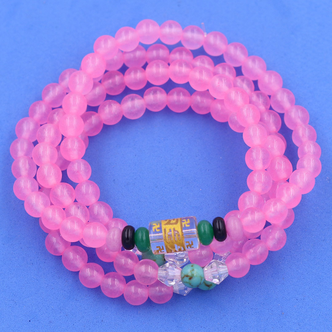 Vòng chuỗi 108 hạt đá thạch anh hống phấn charm lục tự chân ngôn - hạt 8 ly , vòng chuỗi niệm Phật, vòng chuỗi đeo tay