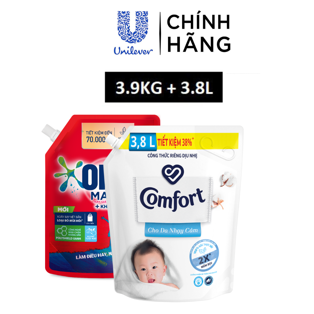 Combo Nước Giặt Omo Matic Cửa Trên Xoáy Bay Vết Bẩn Sạch Bẩn Khử Mùi Toàn Diện 3.9Kg + Nước Xả Comfort Chăm Sóc Dịu Nhẹ Cho Da Nhạy Cảm 3.8L