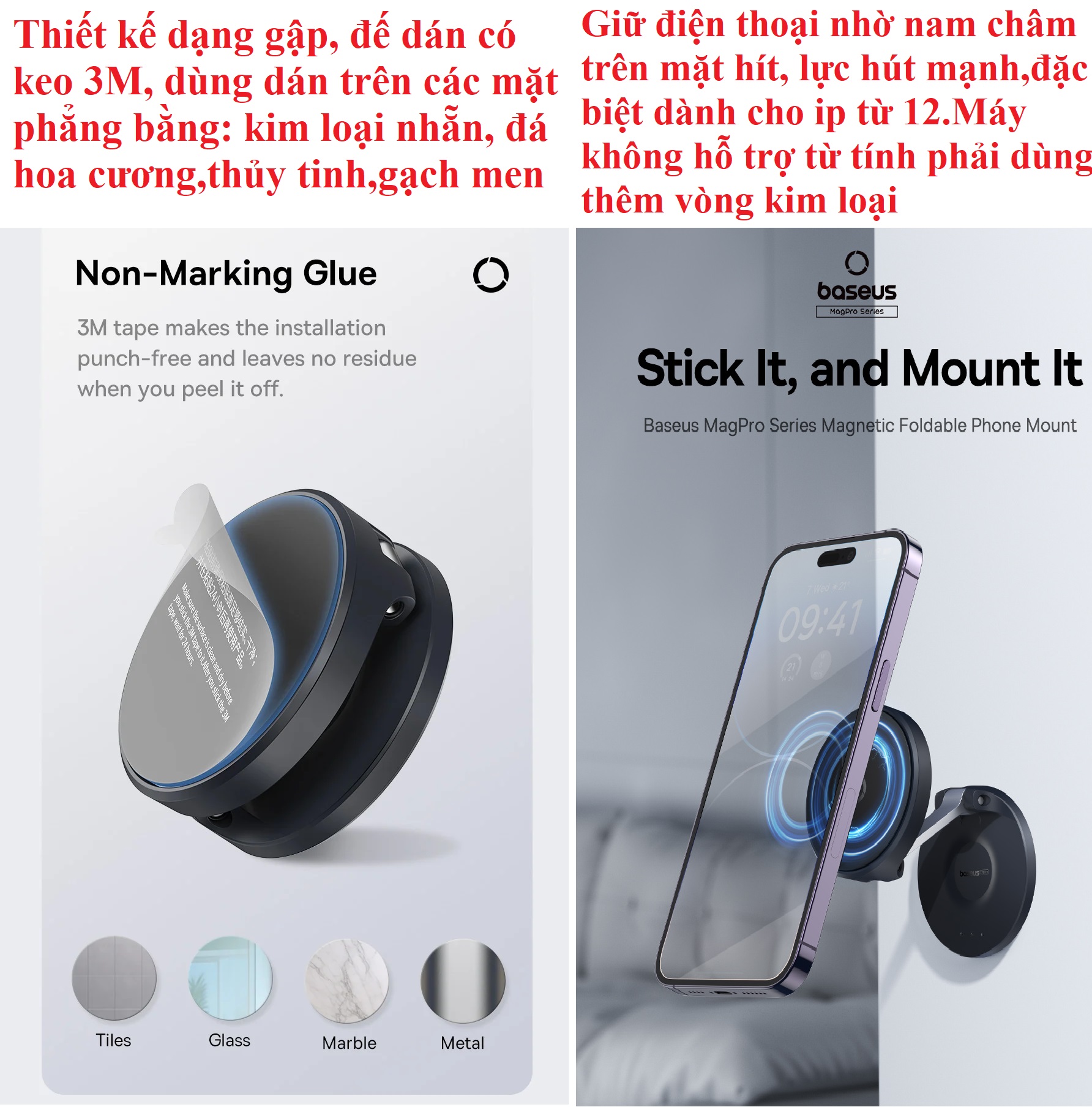 Giá đỡ điện thoại dán tường hít nam châm dạng gậpcho iphone Baseus MagPro Foldable Phone Mount BS-HP016 _ hàng chính hãng