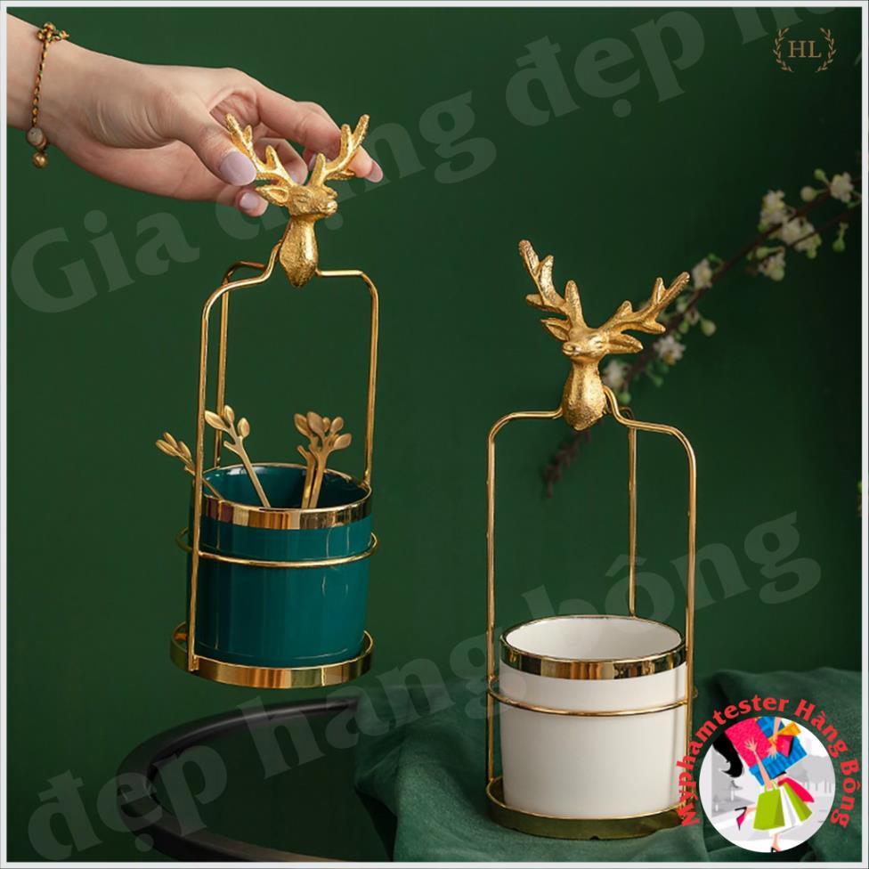 Ống cắm thìa dĩa sứ xanh/trắng đầu hươu