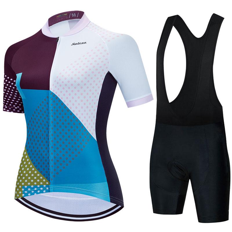 2023 Salexo Nữ Đi Xe Đạp Áo Bộ Ngắn Tay Mùa Hè Maillot 19D Yếm Quần Short Xe Đạp Quần Áo Thể Thao MTB Đi Xe Đạp Quần Áo Color: Short sleeve suit 8 Size: S