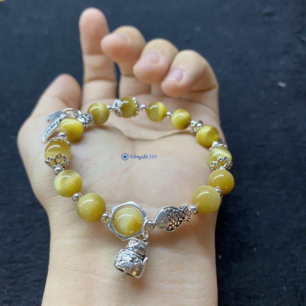 Vòng Đá Mắt Hổ Vàng Tâm mix charm Mèo - Vòng Phong Thuỷ cầu tài lộc, may mắn, tình duyên