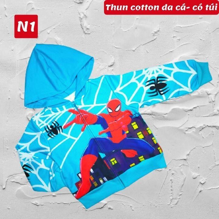 Áo khoác bé trai hình siêu nhân nhện 10-42kg. Chất thun da cá hút mồ hôi- Hình in 3D