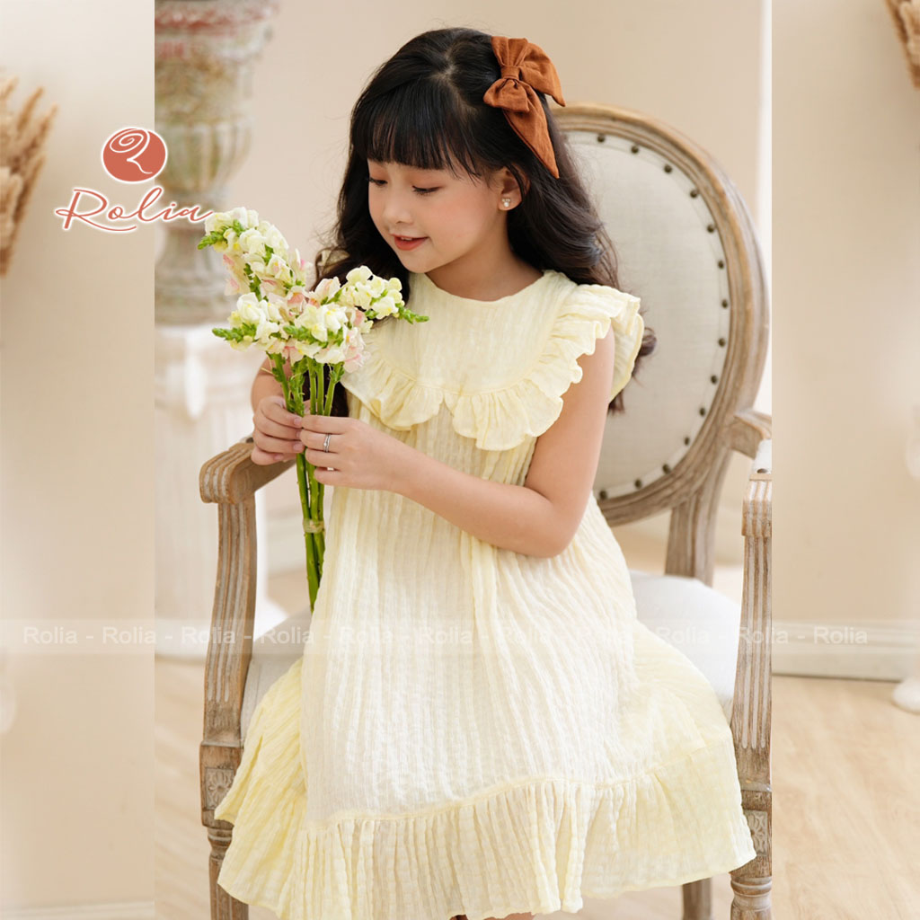 Váy bé gái cộc tay ROLIA chất đũi xốp dáng đuôi cá phối bèo ngực mặc lên chỉ có mát V140