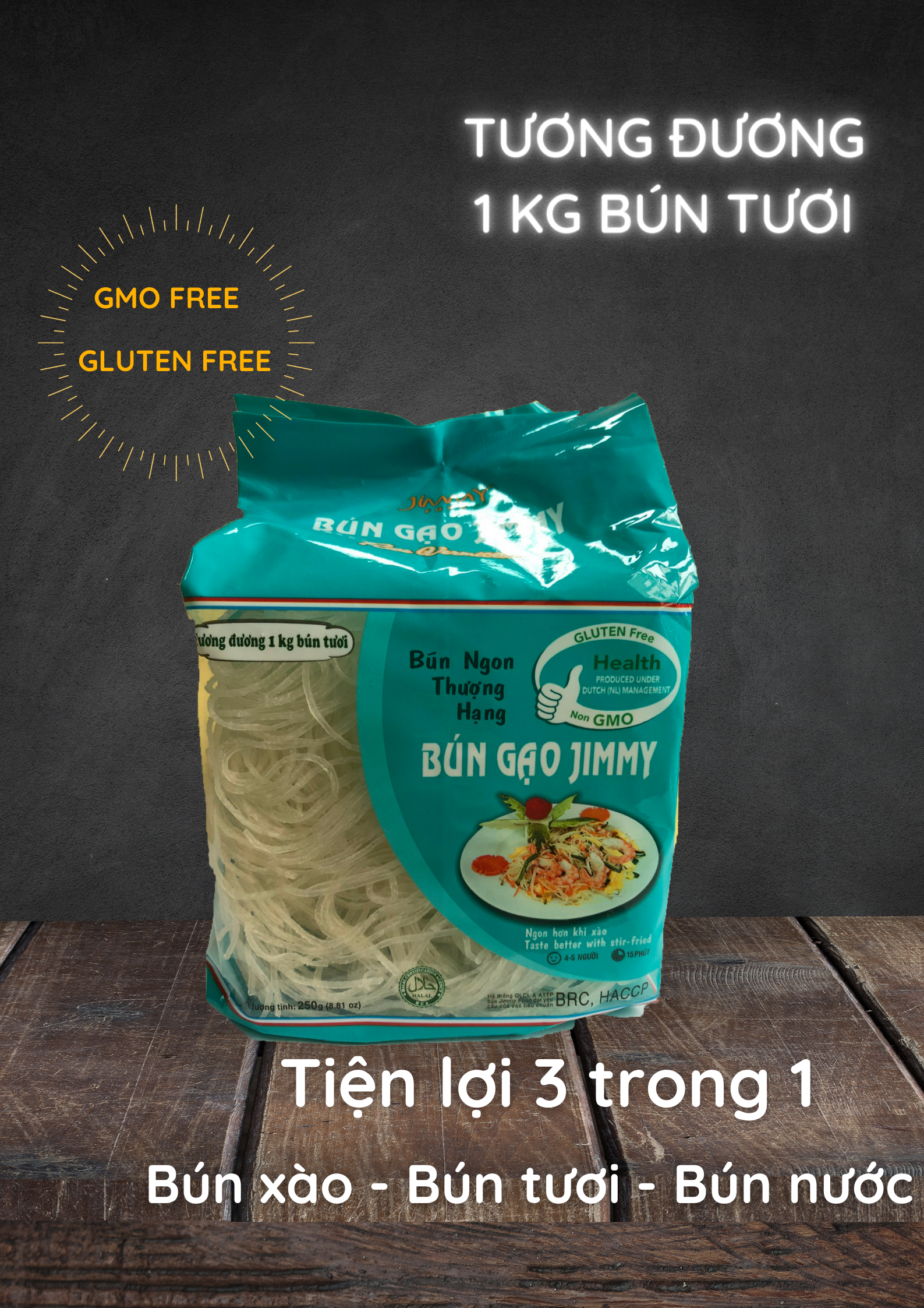 Bộ 4 gói bún gạo Jimmy - Bún ngon thượng hạng - Tiện lợi 3 trong 1: Bún xào, bún tươi, bún nước