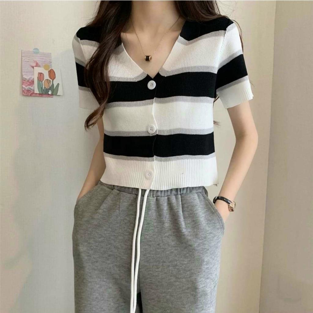 Áo len Montoghi dệt kim CỔ TIM CÀI NÚT sọc BẢN TO thanh lịch