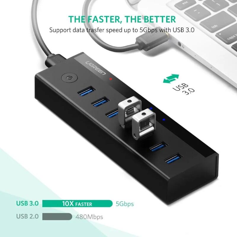 Ugreen 40522 Màu Đen Bộ chia HUB USB 3.0 sang 7 USB 3.0 hỗ trợ nguồn cao cấp Ugreen US219 - Hàng Chính Hãng