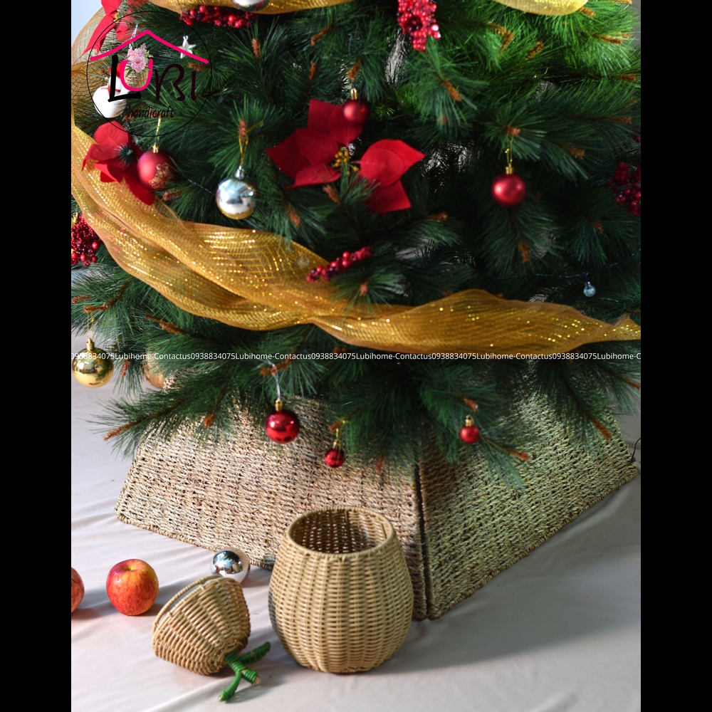 Lubihandicraft - Phụ kiện Hàng rào/ Đế trang trí cây thông Noel hình vuông đan cói - mộc mạc, sang trọng