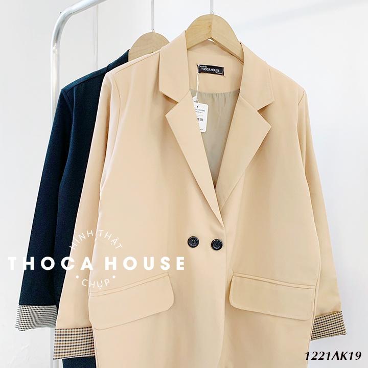 Áo khoác vest công sở blazer Hàn Quốc 2 lớp tay áo phối kiểu caro THOCA HOUSE đen, nude trưởng thành