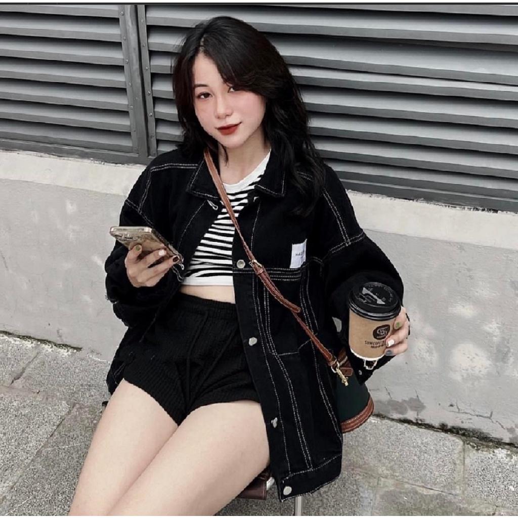 Áo khoác jean nữ dáng rộng 2 màu đen xanh thời trang , Áo khoác bò thụng tay dơi vại xệ kiểu dáng Hàn Quốc