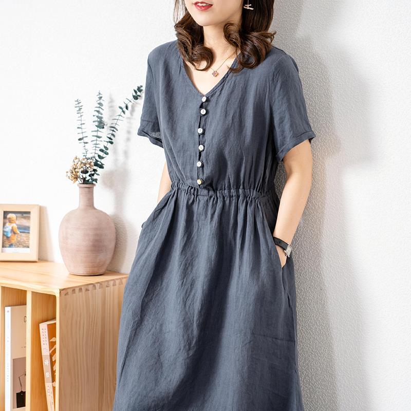 Đầm linen dáng suông cổ V , Đầm sơ mi ngắn tay nhún eo, mặc đi chơi, đi làm Haint Boutique Da173