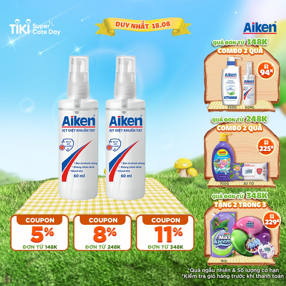 Combo 2 Xịt diệt khuẩn tay Aiken 60ml