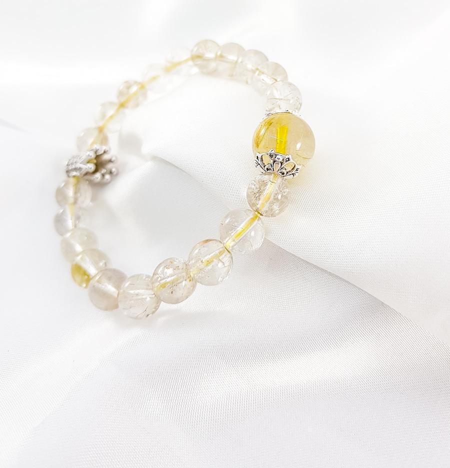 Vòng tay mệnh kim, thủy đá thạch anh tóc tiên mix charm vương niệm