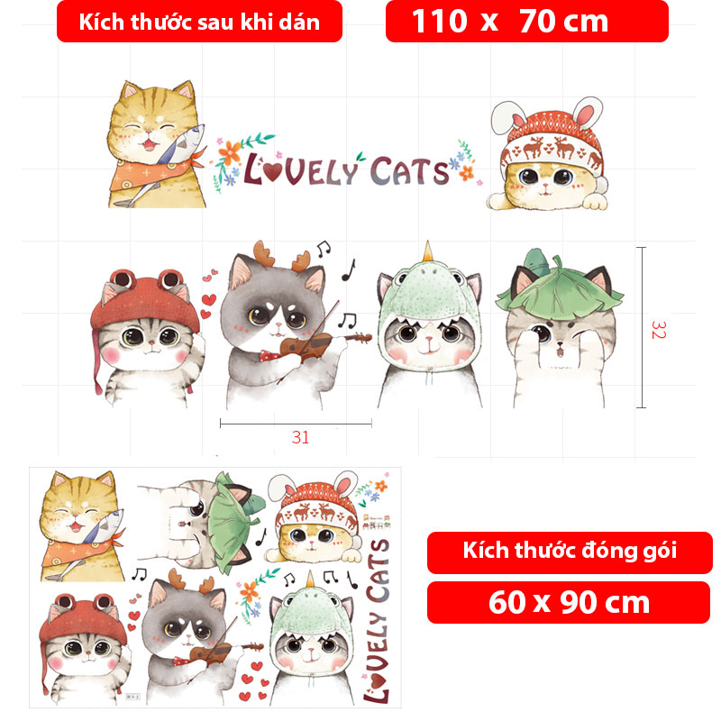 Decal dán tường cho bé Sticker dán tường in chất lượng cao có keo mặt sau mẫu Những Chú Mèo Cute ZH75