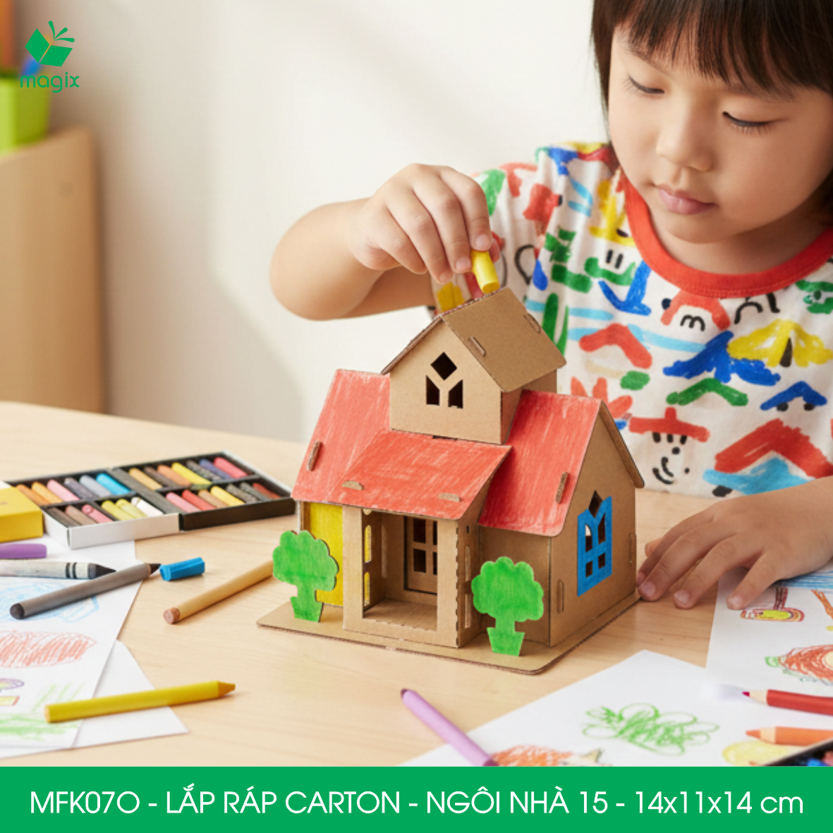 MFK07O -14x11x14 cm - Mô hình ngôi nhà lắp ráp từ bìa carton cao cấp, nhà giấy carton mini sáng tạo