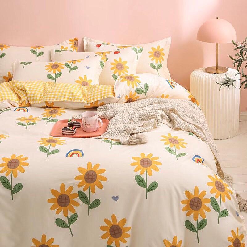 Bộ chăn ga Cotton Poly hoa vàng phối caro mẫu mới - Hàng nhập khẩu