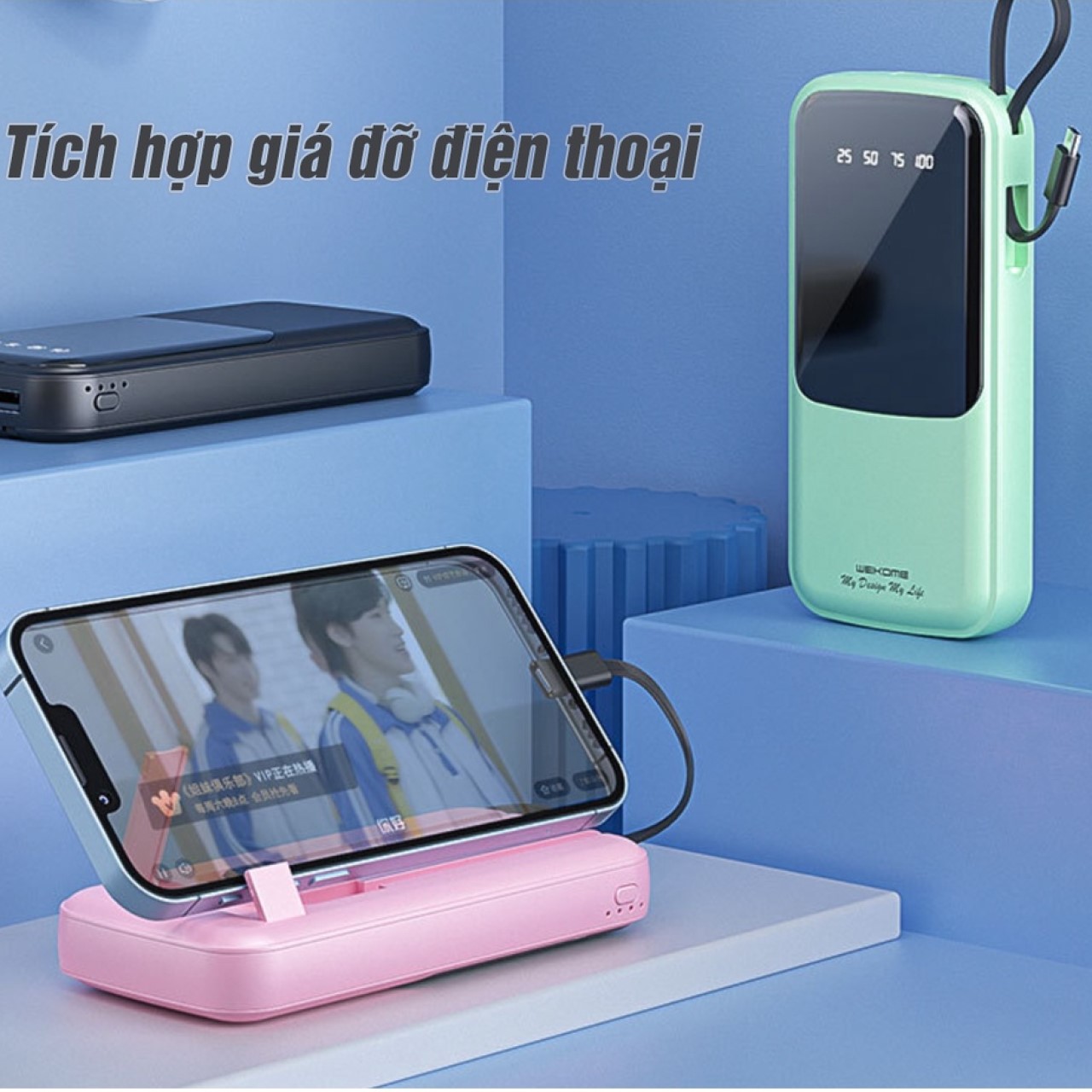 Sạc dự phòng 10000mAh WK 275 2 cổng kèm 3 dây sạc màn hình Led