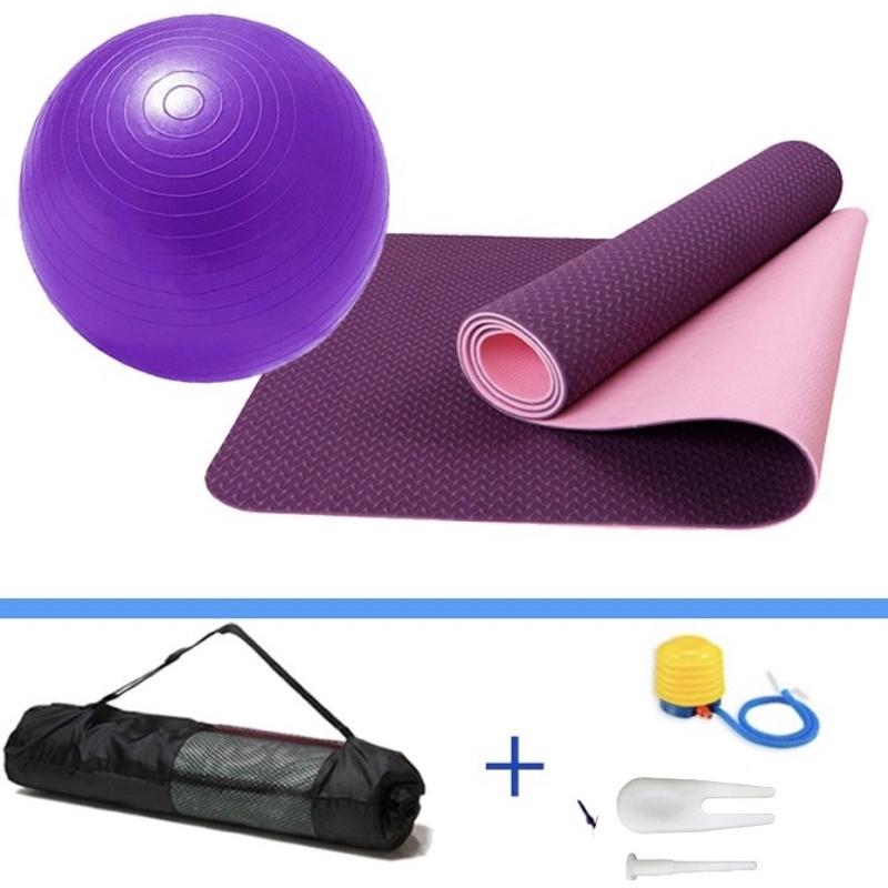 Combo thảm tập yoga TPE 6mm 2 lớp + bóng tập yoga 65cm cao cấp (Tặng túi đựng thảm và bơm bóng