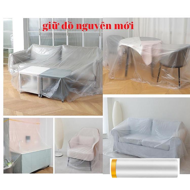 Màng bọc nilon che bụi đa năng, che phủ, ngăn bụi, chống ẩm mốc, giữ mới, bảo vệ nội thất,che chắn sơn, sơn nội thất, nilon bọc hàng, chắn sơn oto, có 1 đầu dán